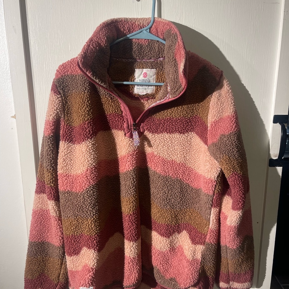 Simply Southern Quarter Zip Sherpa Pullover Pink Tan Polyester Women's Large